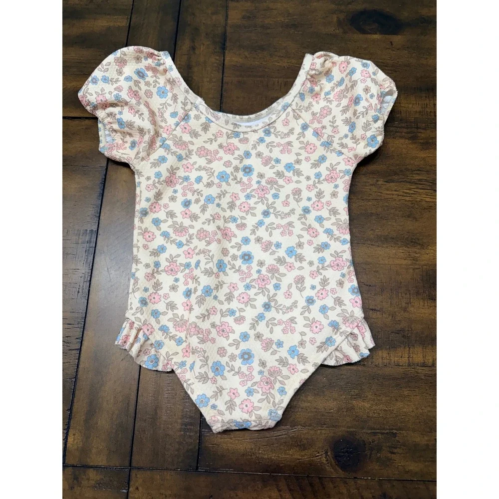 Wunderluxe Toddler Girls Floral Leotard Puff Sleeve Ruffle Bodysuit Cream 2T